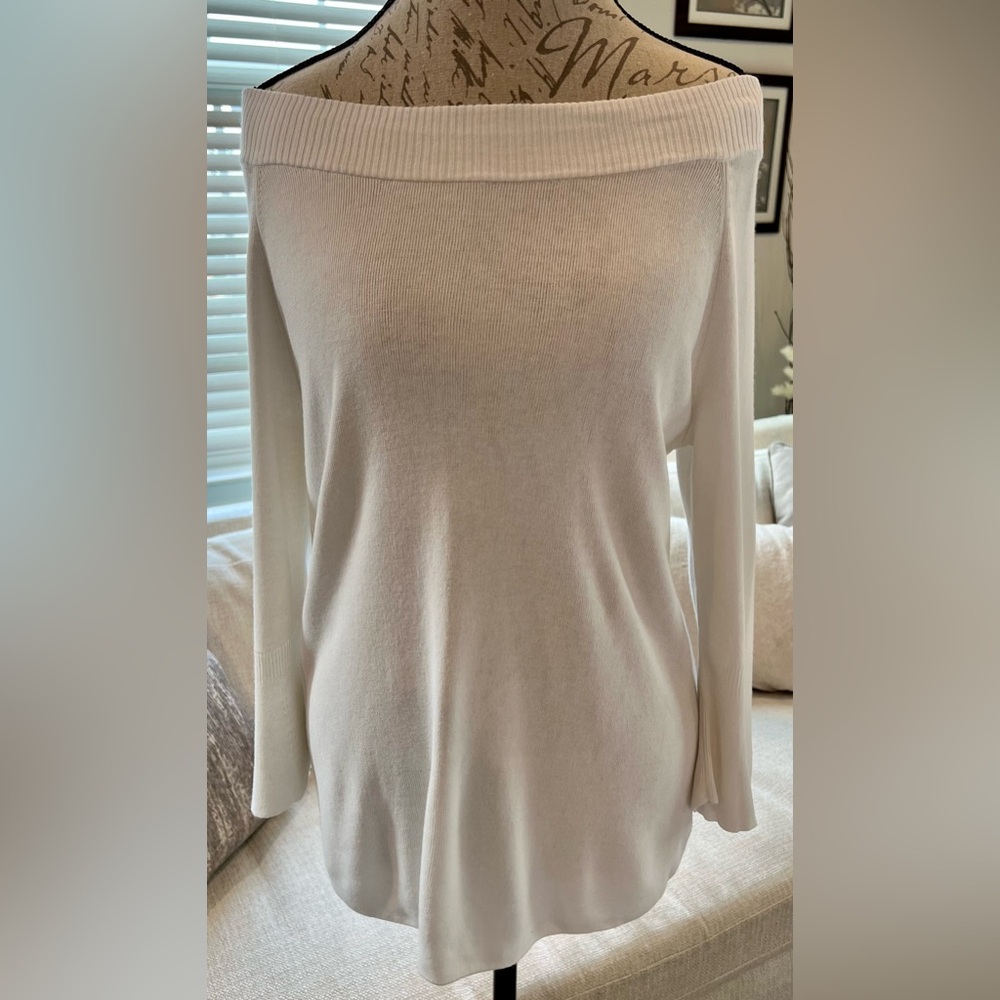 Talbots New Cotton Blend White Medium Bell Sleeve Ribbed Off Shoulder